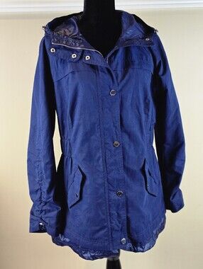 GUESS women's navy blue lightweight anorak rain jacket.